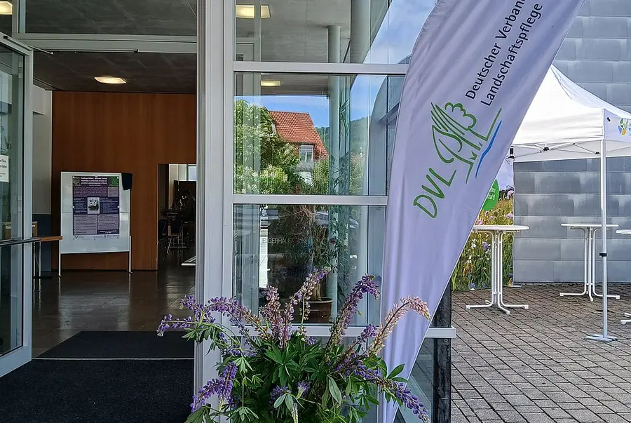 Eingang Veranstaltungsort mit Beachflag und Lupinen